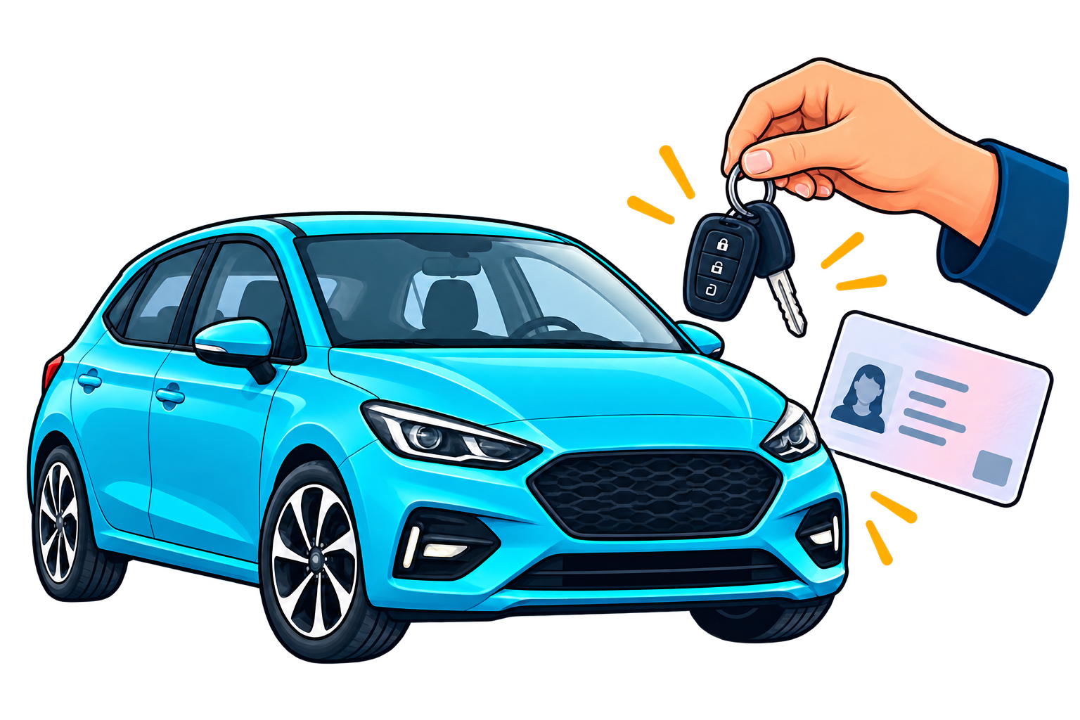 Une voiture turquoise avec un permis et des clés en main, symbole de l’autonomie au volant.